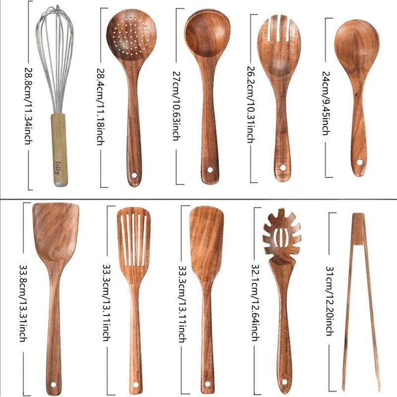 10-częściowy zestaw drewnianych przyborów z drewna tekowego